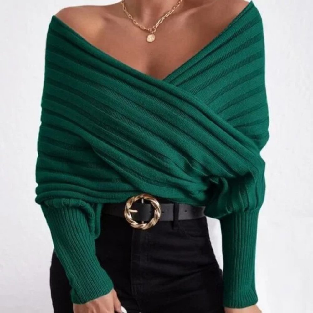 Off Shoulder Chunky Knit Wrap Overlap Green - Picture 3 of 4